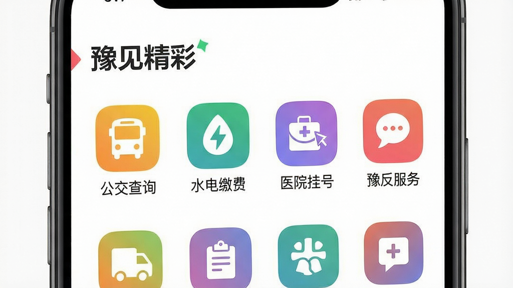 手机屏幕截图风格,展示“豫见精彩”应用内的生活服务板块,界面中整齐排列着公交查询、水电缴费、医院挂号等彩色图标,背景为干净的白色,风格简约扁平,画质干净无多余元素。