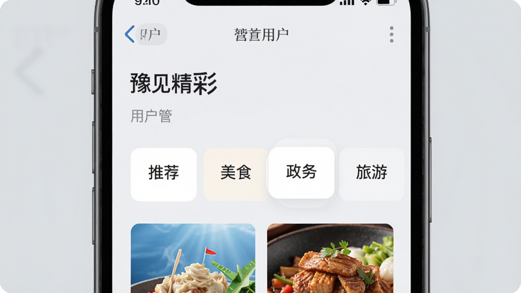 手机界面展示“豫见精彩”的频道管理页面,用户可以拖拽排序“推荐”、“美食”、“政务”、“旅游”等标签,界面背景为浅灰色,风格现代,细节精致,画质干净无多余元素。