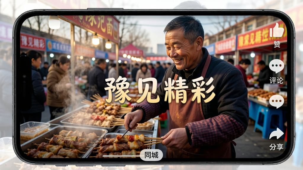 手机屏幕显示“豫见精彩”的短视频播放界面,画面中是一位河南老乡在热闹的集市上做小吃,屏幕右侧有点赞、评论、分享按钮,底部有“同城”标签,画质鲜艳清晰,风格写实,无多余元素。