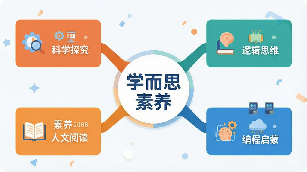 һ��չʾѧ��˼�����γ���ϵ�ṹ�ı�ƽ���廭��������ѧ��˼�������ֱ�ʶΪ���ģ������������ѧ̽���������Ķ����߼�˼ά����������ĸ���֧ģ�飬ÿ��ģ���ò�ͬ��ɫ�Ŀ�Ƭ���ֲ����м��ͼ�꣬�������������ɫ�����ֳʷ���״�������У�����ִ���ƽ��ϸ��Բ�󣬻��ʸɾ�������Ԫ��