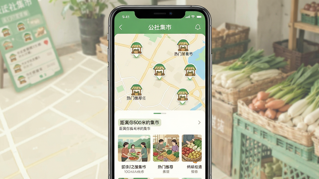 һ��չʾ�����缯�С�APPͬ�Ƕ�λ���ܵĽ���ͼ���ֻ���Ļ��ʾ��ͼ�Ϸֲ��Ŷ������ͼ�꣬�·��б�չʾ��������500�׵ļ��С��������Ƽ����ȿ�Ƭ����������ɫ����ɫΪ��ɫ�������������Ȼ���������������ʸɾ�