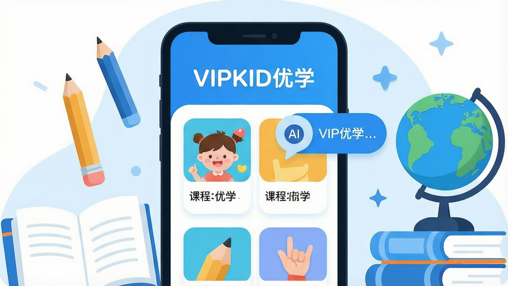 һ��չʾ��VIPKID��ѧ��ѧϰ����������Ĳ廭������������һ���������ֻ���Ļ����Ļ��������ʾ��VIPKID��ѧ�������Ϳ�ͨ���Ŀγ̿�Ƭ��AI�Ի����ݣ���Χ������Ǧ�ʡ��鱾�������ǵ�ѧϰԪ�أ����岼�ּ�࣬��ɫ��Ϊ��ˬ������ɫ�����Ϊ�ִ���ƽ���廭��ϸ�ڰ���Բ���ͼ������������ֱ�ǩ�����ʸ���ɾ����޶���Ԫ��