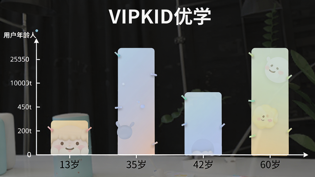 һ��չʾ��VIPKID��ѧ���û�����ֲ�����״ͼ�廭����������һ������ͼ���������ע�������䡰13�ꡱ����35�ꡱ����42�ꡱ����60�ꡱ����������û����������Ӹߵʹ��䣬ͼ���Ϸ��С�VIPKID��ѧ��������������Ϊ�ִ����ݿ��ӻ�ͼ����ϸ�ڰ����������������ǩ����͵���ɫ�����ʸɾ����޶���Ԫ��