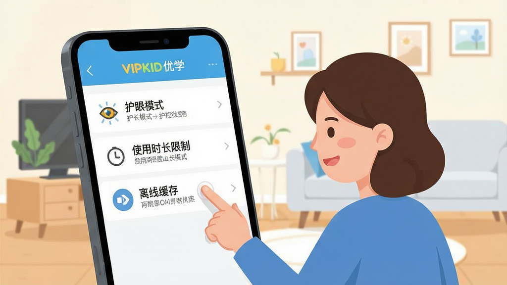 һ��չʾ���ֻ������á�VIPKID��ѧ���ҳ������뻤��ģʽ�Ľ���ʾ��ͼ���������ֻ���Ļ��ʾ��VIPKID��ѧ�������ò˵����˵������������ģʽ������ʹ��ʱ�����ơ��������߻��桱��������ǩ���Ա���һ����ͨ�ҳ��������ڵ����Ļ�������Ǽ��ļҾӻ��������Ϊ��ƽ��UIչʾͼ��ϸ�ڰ��������Ĺ���ͼ�������˵�������ʸɾ����޶���Ԫ��