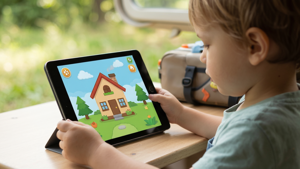 宝宝房屋设计师离线使用场景,展示儿童在户外或旅途中用平板电脑玩房屋设计游戏,画面温馨自然,界面清晰可见,风格生活化,画质干净无多余元素