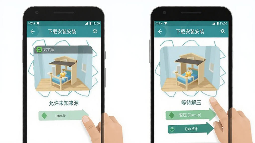 宝宝房屋设计师安装教程示意图,展示安卓手机下载安装步骤,包含允许未知来源、点击安装、等待解压等画面,界面简洁清晰,风格扁平化,画质干净无多余元素