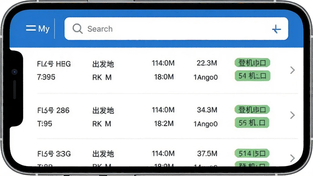 一张展示My HKG航班动态查询功能的界面截图风格图,手机屏幕内显示航班列表,每条包含航班号、出发地、目的地、时间、登机口状态标签,顶部有搜索框,整体布局清晰,蓝白配色,风格现代扁平,画质干净,无多余元素