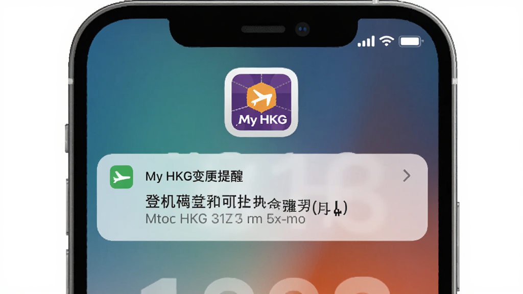 一张展示My HKG推送提醒功能的示意图,手机锁屏界面显示一条通知,内容为登机口变更提醒,顶部有My HKG应用图标,背景简洁,风格现代,画质干净,无多余元素