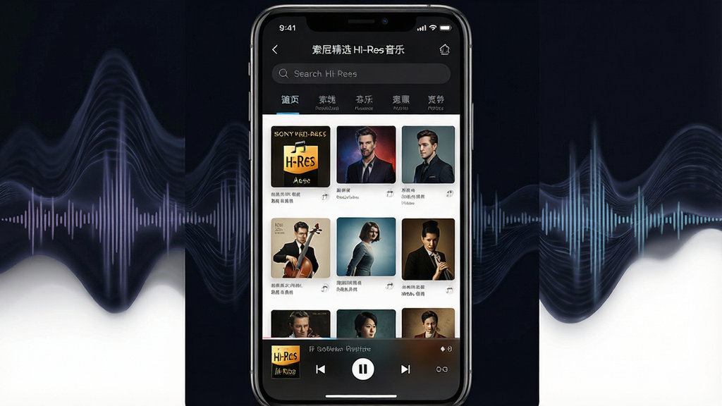一张展示索尼精选Hi-Res音乐App核心界面的手机样机图。画面中心是一部现代智能手机,屏幕显示“索尼精选Hi-Res音乐”的主页,顶部有搜索栏和分类标签,中间是专辑封面瀑布流,底部播放条正在播放一首古典乐。背景是深色系,带有流动的声波纹理。风格为科技感与音乐艺术融合,细节清晰,画质干净,无多余元素。