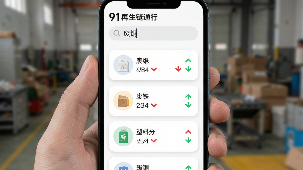 91再生链通行情页面特写,手机屏幕显示废纸、废铁、塑料分类报价列表,红绿涨跌箭头标注清晰,顶部搜索栏输入“废铜”,背景是简洁的白色卡片式布局,风格现代扁平,图标圆润,画质干净无多余元素