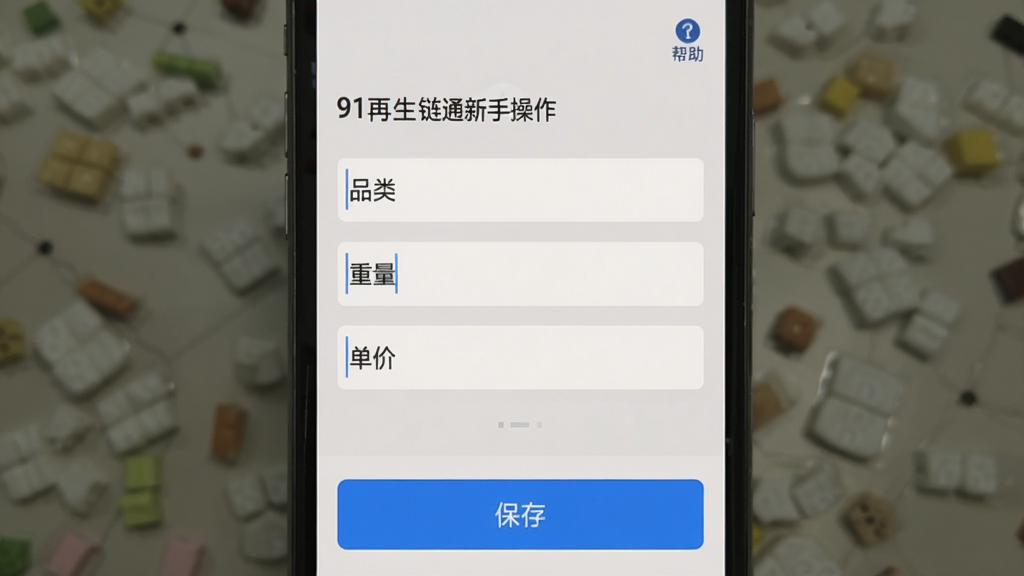 91再生链通新手操作界面截图,手机屏幕显示记账页面,输入框标注“品类”“重量”“单价”,下方有“保存”按钮,右上角有“帮助”图标,背景是浅灰色,文字清晰,风格简洁,画质干净无多余元素
