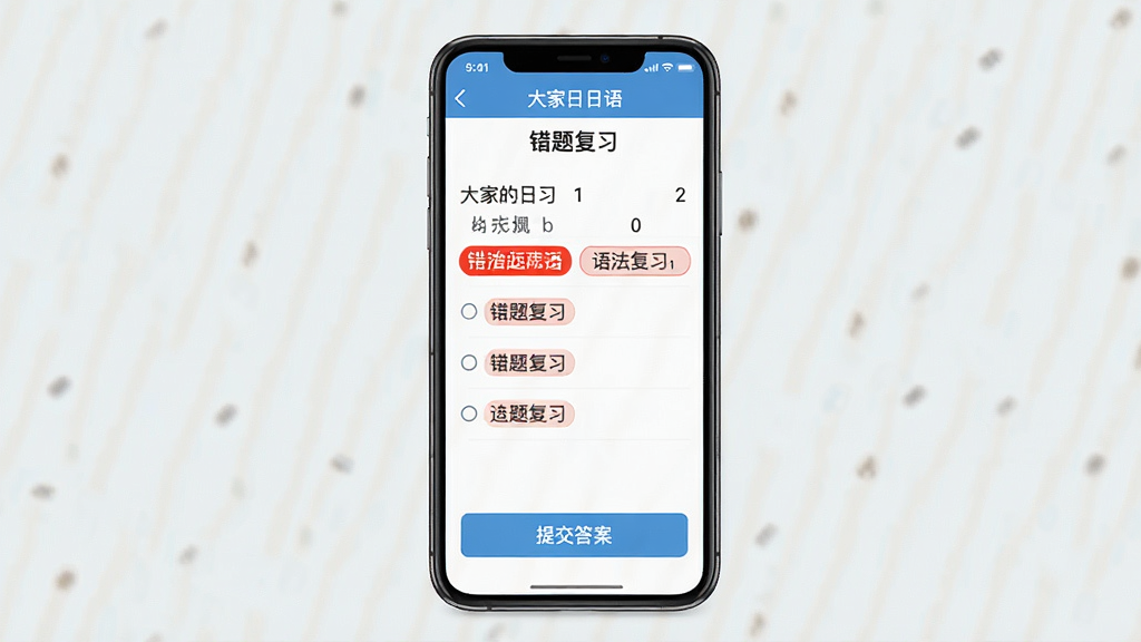 һ��չʾ����ҵ����App���Ȿ��ϰ�����ͼƬ���������ֻ���Ļ��ʾһ���﷨ѡ������ĸ�ѡ��Ϸ��С����⸴ϰ�����⣬�·��С��ύ�𰸡���ť�����־��У��Ű�ɾ������ѧϰ�����࣬ϸ���ϴ���ѡ���ú�ɫ��ǣ����ʸɾ��޶���Ԫ��