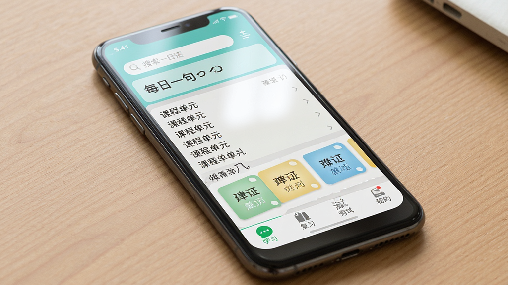 һ��չʾ����ҵ����App����ȫò�ĳ���ͼ���������ֻ���Ļ��ʾApp�����棬��������������ÿ��һ�䣬�м��ǿγ̵�Ԫ�б��͵��ʿ�Ƭ���ײ���ѧϰ����ϰ�����ԡ��ҵ��ĸ�ѡ��������������Ű����룬������¼�Լ��ϸ������Ļ����΢�����ʸУ����ʸɾ��޶���Ԫ��