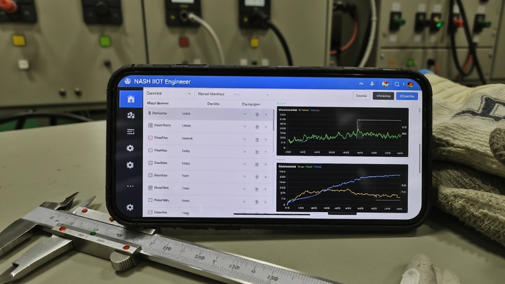 һ��չʾNASH IIOT ����ʦ�����ֻ������е�ʵ��ͼ���������ֻ��������ã���Ļ��ʾ����������ؽ��棬���豸�б���ʵʱ�������ߡ��ֻ��Ա߷���һ���α꿨�ߺ�һ���ͱ����ף������ǹ�������Ŀ��ƹ�������дʵ�������������޶���Ԫ�ء�