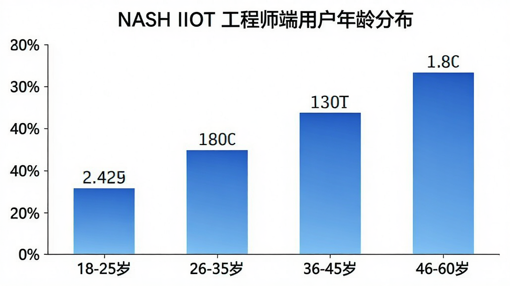 һ��չʾ��ͬ������û�ʹ��NASH IIOT ����ʦ��ռ�ȵ���״ͼ������Ϊ��18-25�ꡱ����26-35�ꡱ����36-45�ꡱ����46-60�ꡱ������Ϊ�û�ռ�Ȱٷֱȡ�ͼ������࣬��ɫΪ��ɫ���䣬�����Ϸ���ע������ֵ��ͼ������Ϊ��NASH IIOT ����ʦ���û�����ֲ���������Ϊ��ɫ�����ʸɾ����޶���Ԫ�ء�