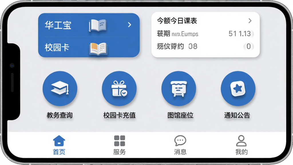 �����ǡ���������Ӧ�������棬����Ϊ������ʾУ԰�����ͽ��տα���Ƭ���м��ǽ����ѯ��У԰����ֵ��ͼ�����λԤԼ��֪ͨ�����ĸ�Բ�ι���ͼ�꣬�ײ�����ҳ��������Ϣ���ҵ��ĸ�ѡ����Ű��࣬�����ñ�ƽ��У԰������ɫ��ϸ�ڴ�ͼ��Բ������΢ͶӰ�����������ɾ��޶���Ԫ�أ��ֻ���Ļչʾ�ӽǣ�����Ϊǳ��ɫ��