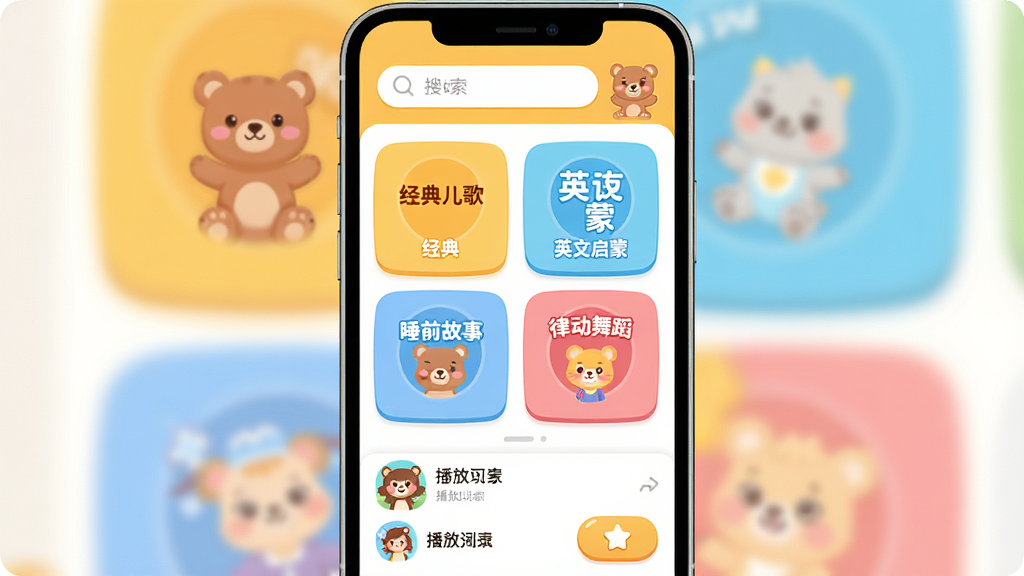 һ��չʾ�������App�������ͼƬ�������������ֻ���Ļ����Ļ����ʾ�������Ӧ����ҳ���������������Ϳ�ͨС��ͼ�꣬�м��Ƕ�����࿨Ƭ������������衢Ӣ�����ɡ�˯ǰ���¡��ɶ��赸�Ȳ�ɫ��ڣ��ײ��ǲ����б����ղذ�ť��������Ϊ������õĶ�ͯ�廭�磬ɫ����ů�ơ��������ۺ�Ϊ����Բ��ɰ�������ɾ������廭�ʣ��޶���Ԫ��