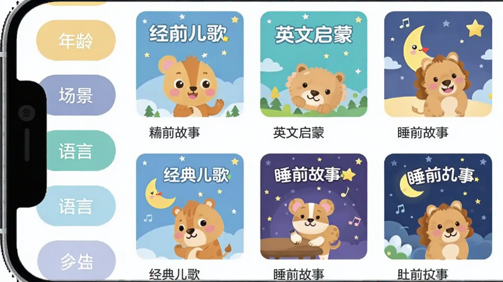 �������App����������ͼ��������չʾ�ֻ���Ļ����Ļ���Ƕ�����׵ķ���ҳ�棬��������䡢���������Ե�ɸѡ��ǩ���Ҳ��Ƕ���������񣬷����п�ͨ���С���ǡ�������ͼ�����������ְ���������衢Ӣ�����ɡ�˯ǰ���£����Ϊ��ƽ����ͨ��ƣ�ɫ��������������ʸ��壬�ɾ�����
