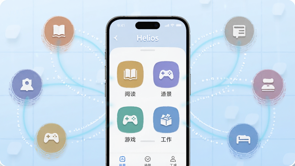 一张展示Helios智能场景适配功能的AI生图,画面中一部手机屏幕显示Helios的界面,界面中有代表阅读、游戏、工作等不同场景的图标,手机周围有光线连接这些图标,背景是科技感的浅蓝色网格,风格简洁明快,画质干净,重点突出Helios的智能调度能力