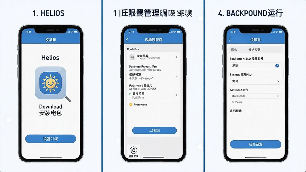 一张展示Helios在手机上安装和权限设置步骤的示意图,画面分为三个小格,分别显示下载安装包、权限管理界面、后台运行设置,界面风格简洁,以蓝白配色为主,文字标签清晰,画质干净