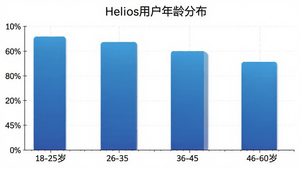 一张展示Helios用户年龄分布的柱状图,横轴为年龄段18-25岁、26-35岁、36-45岁、46-60岁,纵轴为用户占比,柱状图颜色为蓝色渐变,图表标题为“Helios用户年龄分布”,背景干净,画质清晰