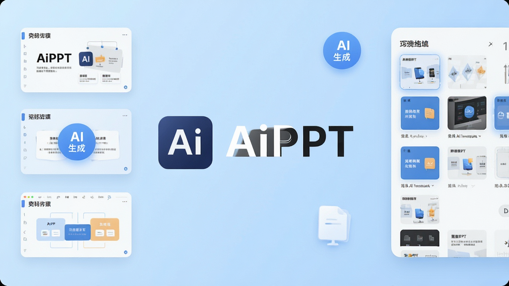 一张展示AiPPT软件主界面的产品截图风格图片,画面中央是AiPPT的软件Logo和名称,周围环绕着简洁的PPT幻灯片缩略图、AI生成按钮图标和模板选择面板,背景为干净的浅蓝色渐变,布局清晰,排版现代扁平化,风格科技简约,细节圆润无多余元素,画质清晰干净。
