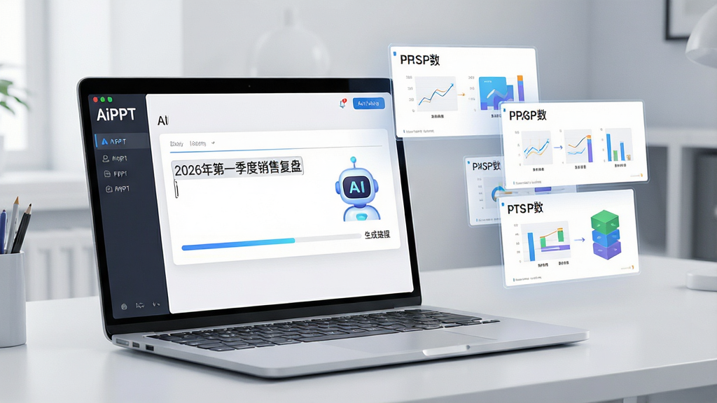 一张展示AI一键生成PPT功能的场景图,画面中有一台笔记本电脑屏幕显示AiPPT软件界面,输入框里写着“2026年第一季度销售复盘”,旁边有AI机器人图标和生成进度条,屏幕旁边漂浮着几页已经生成好的PPT幻灯片缩略图,布局简洁明了,风格现代科技感,细节清晰,画质干净无多余元素。