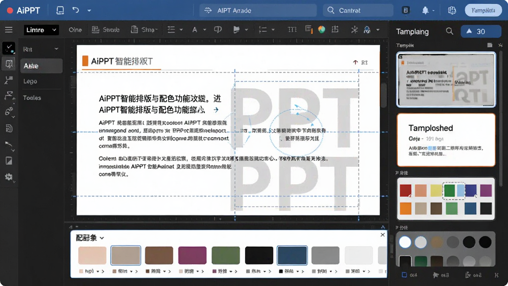 一张展示AiPPT智能排版与配色功能的界面截图,画面中显示一页正在编辑的PPT,左侧是文字内容编辑区,右侧是模板和配色选择面板,页面上有虚线框标注智能排版的对齐辅助线,下方有配色方案色块展示,布局清晰,风格简洁专业,细节干净,画质清晰无多余元素。