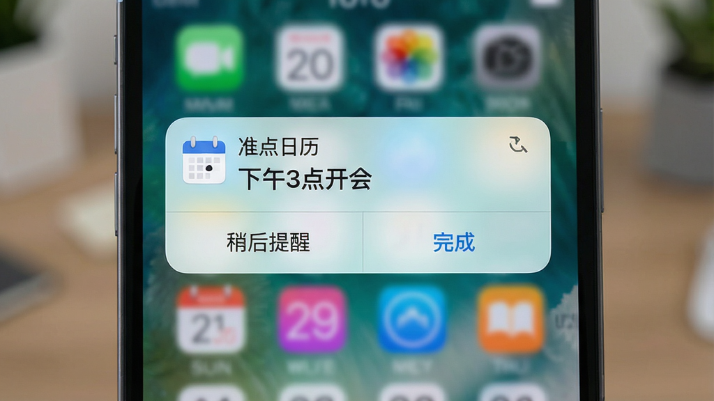 一张展示“准点日历”精准提醒功能的图片。主体是一个手机锁屏界面,屏幕中央弹出一条“准点日历”的提醒通知,上面写着“下午3点开会”。布局上,通知卡片位于屏幕中央偏上,背景是模糊的桌面。排版清晰,风格简洁。细节上,通知卡片有日历图标和“准点日历”字样,下方有“稍后提醒”和“完成”按钮。画质高清,干净,无多余元素。