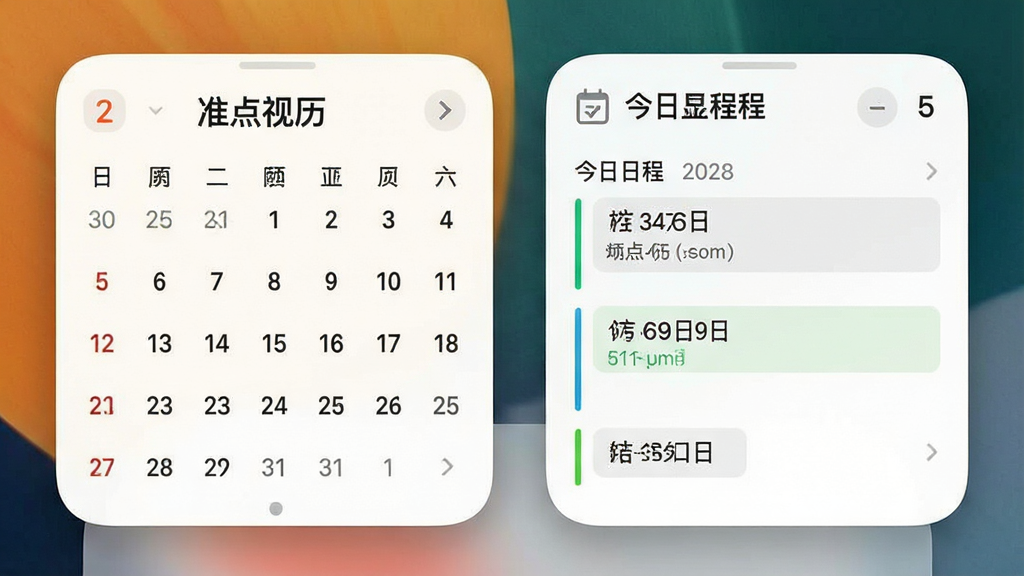 一张展示“准点日历”桌面小组件的图片。主体是一个手机桌面,上面摆放着“准点日历”的多个小组件。布局上,左侧是月视图小组件,右侧是今日日程小组件。排版错落有致,风格现代简约。细节上,小组件显示着清晰的日期和日程条目,背景是手机壁纸。画质清晰,干净,无多余元素。