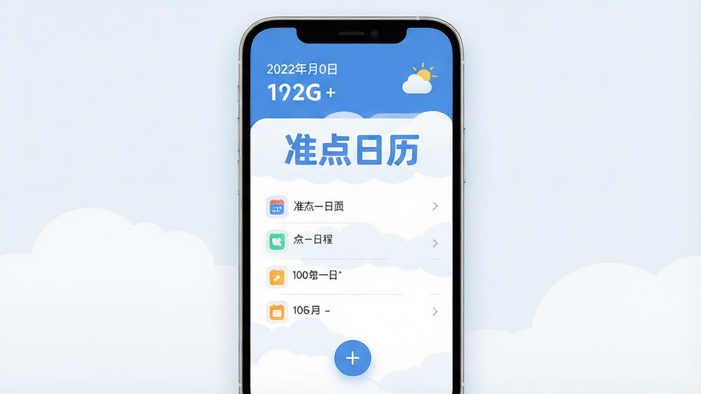 一张展示“准点日历”核心全貌的图片。主体是一个现代简约风格的手机屏幕,屏幕中央显示着“准点日历”四个字,字体圆润清晰。布局上,屏幕上方展示日期和天气,中间是清晰的日程列表,下方有悬浮的加号按钮。排版整洁,风格偏向清新扁平化,以蓝白为主色调。细节上,日程条目旁边有小巧的图标,背景有淡淡的云朵纹理。画质高清,干净明亮,无任何多余元素或广告文字。