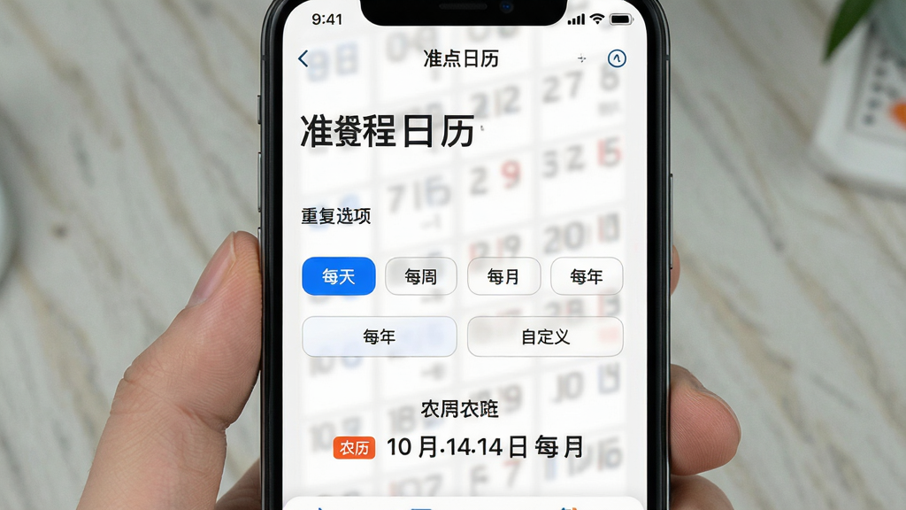 一张展示“准点日历”农历与重复日程设置的图片。主体是手机屏幕,显示着“准点日历”的日程编辑界面。布局上,上方是日程标题,中间是重复选项,下方是农历日期显示。排版清晰,风格简洁。细节上,重复选项有“每天”、“每周”、“每月”、“每年”和“自定义”按钮,农历日期旁边有“农历”小标签。画质高清,干净,无多余元素。