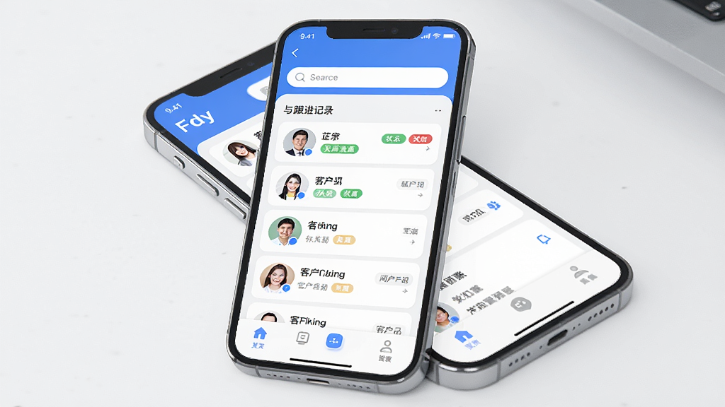 一张展示Fdy客户管理软件核心界面的手机模型图,主体是一部现代智能手机,屏幕内展示着Fdy客户管理APP的客户列表与跟进记录界面,布局清晰,顶部有搜索框,中间是客户头像与状态标签,底部是功能导航栏,风格现代扁平化,配色以蓝色和白色为主,细节圆润,画质干净,无多余元素