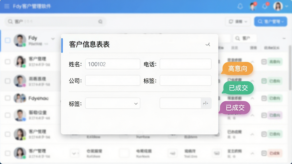 一张Fdy客户管理软件界面的功能展示图,画面中央是Fdy客户管理的客户信息录入表单,包含姓名、电话、公司、标签等字段,表单右侧漂浮着几个彩色标签“高意向”“已成交”,背景是模糊的客户列表,风格简洁商务,配色清新,细节清晰,画质干净,无多余元素