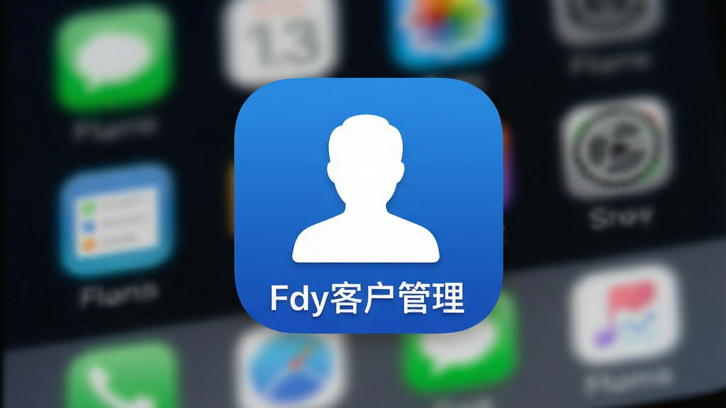 一张Fdy客户管理软件在手机桌面上安装完成后的图标特写图,图标是蓝色背景配白色客户头像剪影,图标下方显示“Fdy客户管理”字样,背景是模糊的手机桌面,风格简洁清晰,画质干净,无多余元素