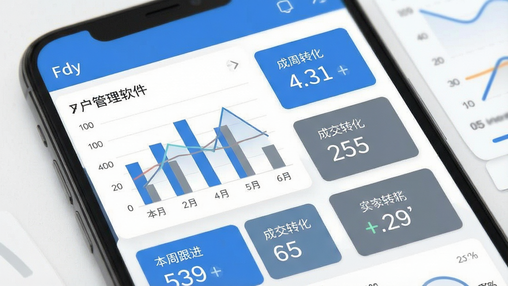 一张Fdy客户管理软件的数据统计界面展示图,主体是手机屏幕,屏幕上显示着柱状图和数字卡片,标注着“本周跟进”“成交转化”等字样,布局简洁,配色以蓝色和灰色为主,风格商务扁平,细节干净,画质清晰,无多余元素