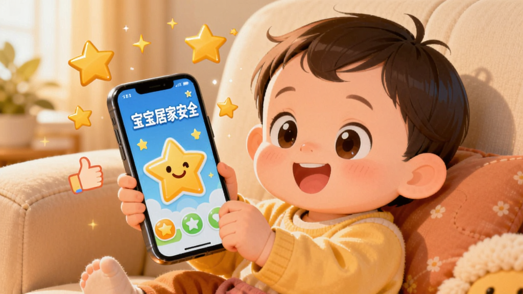 一张儿童使用手机App的AI生图,画面中一个卡通宝宝坐在沙发上拿着手机,手机屏幕显示“宝宝居家安全”的星星奖励界面,宝宝脸上带着开心的笑容,周围漂浮着金色的星星和点赞手势,布局为人物居中,风格为温暖的家庭插画风,细节有柔软的沙发和抱枕,画质明亮干净,无多余元素
