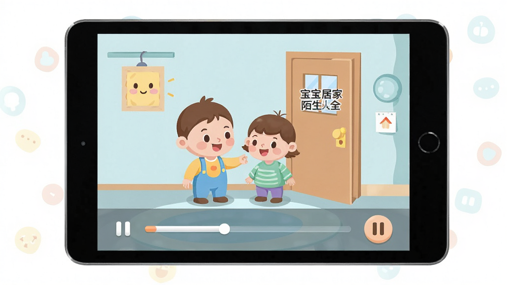 一张卡通动画播放界面的AI生图,画面中央是一个平板电脑或手机屏幕,屏幕里播放着“宝宝居家安全”的动画片,卡通人物正在演示不要给陌生人开门,屏幕下方有播放进度条和暂停按钮,布局为居中展示,风格为扁平化UI设计,细节有柔和的色彩和圆角图标,画质干净无多余元素