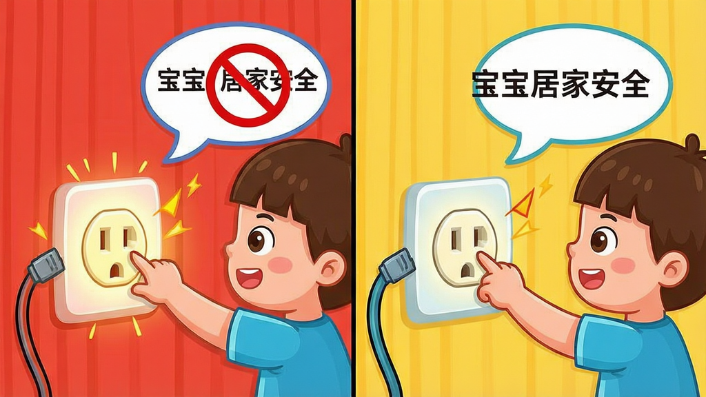 一张儿童互动学习场景的AI生图,主体是一个卡通小朋友正伸手去碰一个发光的插座,旁边弹出“宝宝居家安全”的提示气泡和禁止符号,布局为左右分屏,左边是危险动作,右边是正确示范,风格为明快的儿童教育插画,细节有卡通电线和小火花元素,画质干净清晰,无多余杂乱元素