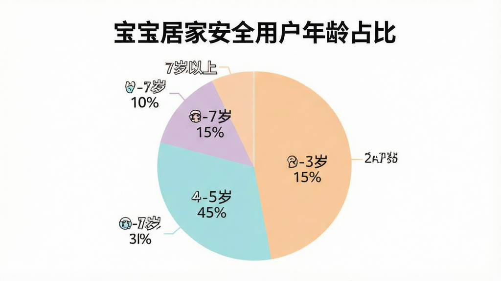 一张数据可视化图表,展示“宝宝居家安全”用户年龄分布,采用饼状图形式,图表分为四个扇形区域,分别标注“2-3岁 15%”“4-5岁 45%”“6-7岁 30%”“7岁以上 10%”,配色为柔和的马卡龙色系,背景干净白色,图表标题为“宝宝居家安全用户年龄占比”,风格为现代扁平化信息图,画质清晰无多余元素