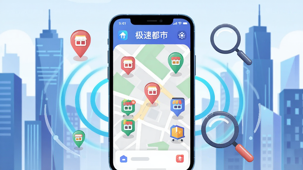 һ���廭���ͼƬ������������һ���ֻ����ֻ���Ļ����ʾ�����ٶ��С�App���ܱ߷��ֽ��棬��ͼ��ɢ���Ÿ��ֲ�ɫСͼ�������ͬ���̣��ֻ���Χ�����Ŷ�̬�Ķ�λ���ƺͷŴ�Ԫ�أ������ǳ���ĳ��н�������������ִ��Ƽ��У�ϸ�����������������ɾ�