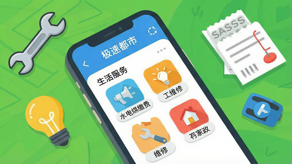 һ�ű�ƽ����Ʒ���ͼƬ������չʾһ���ֻ�����ʹ�á����ٶ��С�App����Ļ����ʾ�š�������񡱰�飬ͼ�����ˮ��ú�ɷѡ�ά�ޡ������ȣ��ֻ��Ա�ɢ���Ű��֡����ݡ��ɷѵ��ȿ�ͨСԪ�أ�ɫ���������������࣬���ʸɾ������