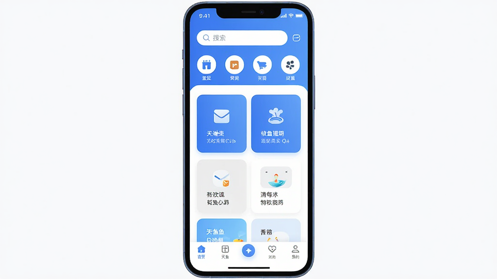 ���� ����������ȫòչʾ��������һ���ֻ���Ļ����Ļ������ʾ����APP����ɫ�������棬�������������͹������ͼ�꣬�м�����չʾ���Ĺ��ܿ�Ƭ���ײ�Ϊ�����˵��������������Ű����������ִ���ƽ����ϸ��Բ�󣬻��ʸɾ��������޶���Ԫ��