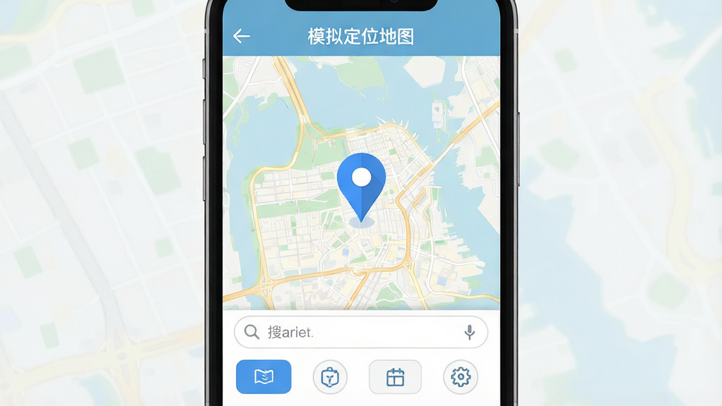 һ��չʾ�ֻ���Ļ�Ļ��棬��Ļ������ģ�ⶨλ��ͼAPP�Ľ��棬��ͼ����һ����ɫ�Ķ�λ��ͷ������ĳ������λ�ã���Ļ�Ϸ���ʾӦ�����ơ�ģ�ⶨλ��ͼ��������ײ���������ͼ������Ĺ��ܰ�ť��������ǳɫ��ͼ������岼������������ִ���ƽ�����ʸɾ����޶���Ԫ��