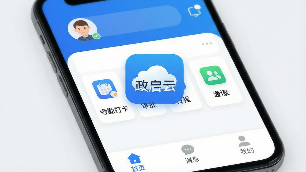 һ���ֻ���Ļ��д�����������ǡ������ơ�APP��ͼ��������棬������Ƽ�࣬����ɫ�Ͱ�ɫΪ��ɫ����������ʾ�û�ͷ�����Ϣ֪ͨͼ�꣬�м��ǳ���Ӧ�ÿ�Ƭ�硰���ڴ򿨡����������������ճ̡�����ͨѶ¼�����ײ��С���ҳ��������Ϣ�������ҵġ�����������ǩ���������ִ���ƽ��ϸ��Բ�󣬻��ʸɾ��������޶���Ԫ��