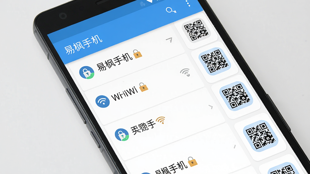 һ��չʾ���׷��ֻ���APP����������ܵ�ͼƬ��������һ����׿�ֻ�����Ļ��ʾ���׷��ֻ�����WiFi�б����棬ÿ��WiFi�����Ա���һ��С��ͼ���һ����ά�������ť��������ǳ��ɫ�����ñ�ƽ����Ʒ��ϸ�����������ʸɾ����޶���Ԫ�ء�