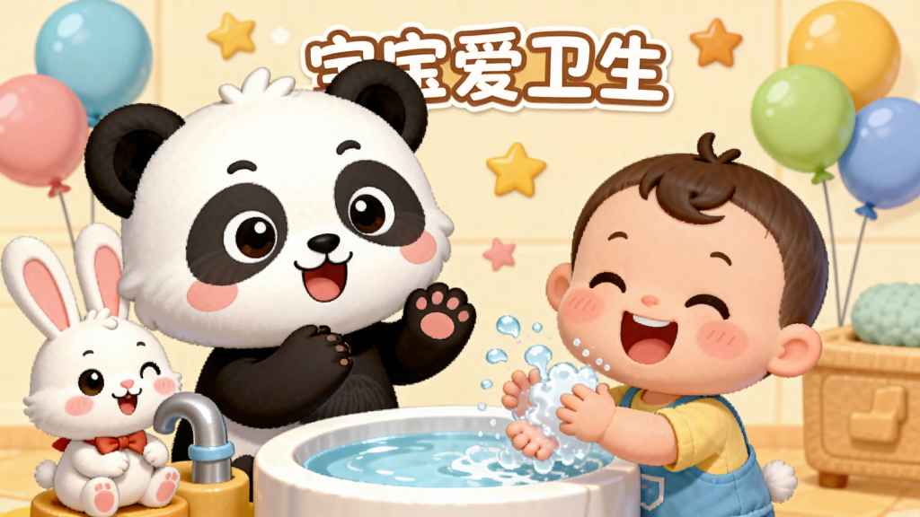 一张展示宝宝爱卫生App卡通角色陪伴界面的图片,画面中一只可爱的卡通小熊猫和一只小兔子站在洗手台旁边,为正在洗手的小宝宝鼓掌欢呼,背景有彩色的气球和星星装饰,风格为Q版卡通儿童插画,色彩温暖明亮,细节圆润,画质干净清晰无多余元素,图片中带有“宝宝爱卫生”文字