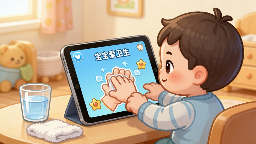 一张展示宝宝爱卫生App在平板电脑上使用的场景图,画面中一个卡通宝宝坐在桌前,双手在平板屏幕上操作洗手小游戏,平板旁边放着一杯水和一条小毛巾,背景是温馨的儿童房,风格为Q版卡通插画,色彩柔和温暖,细节干净,画质清晰无多余元素,图片中带有“宝宝爱卫生”文字