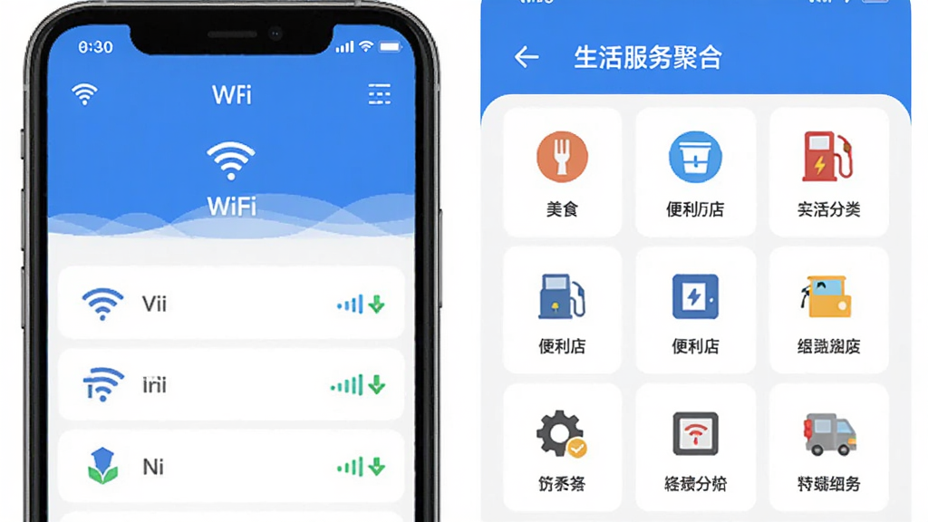 ������App���ܽ���չʾ���ֻ���Ļ��ʾWiFi����ҳ����������ۺ�ҳ�棬�����WiFi�б������ź�ǿ��ͼ��Ͱ�ȫ��ʶ���Ҳ����������������񣬰�����ʳ�������ꡢ����վ��ͼ�꣬������ɫ��������ˬ���������룬��ƽ����Ʒ�񣬻��ʸɾ�������Ԫ��