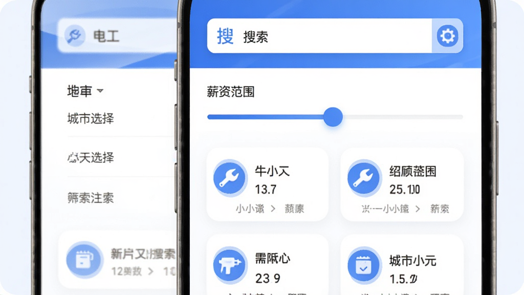 ţС����Ƹ����ɸѡ���棬�ֻ���Ļչʾ����ѡ���б���н�ʷ�Χ���飬����������д�ŵ繤���·��Ǹ�λ��Ƭ�б�����ɫΪ������䣬ͼ��Բ�󣬲����������ʺ��������û����������ʸɾ�